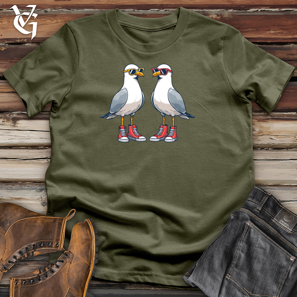 Viking Goods Two quirky Seagulls Cotton Tee Military Green / L