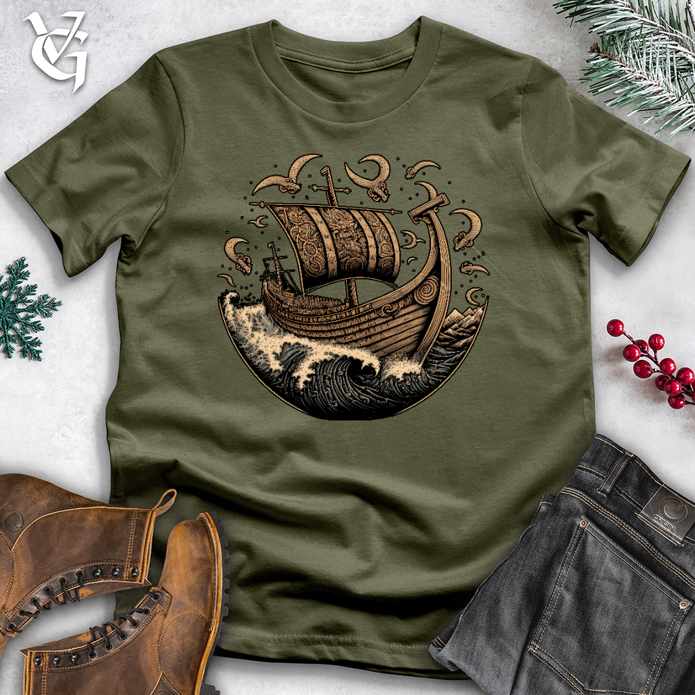 Viking Goods Vikings At Sea Cotton Tee Military Green / L