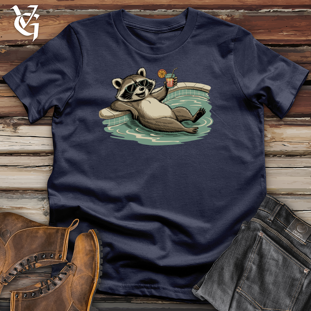 Viking Goods A Relaxed Raccoon on Swimming Pool Tee Navy / L