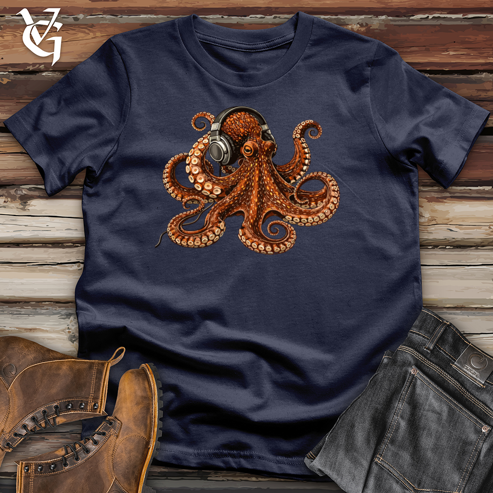 Viking Goods Octopus Enjoying Music With Headphones Tee Navy / L