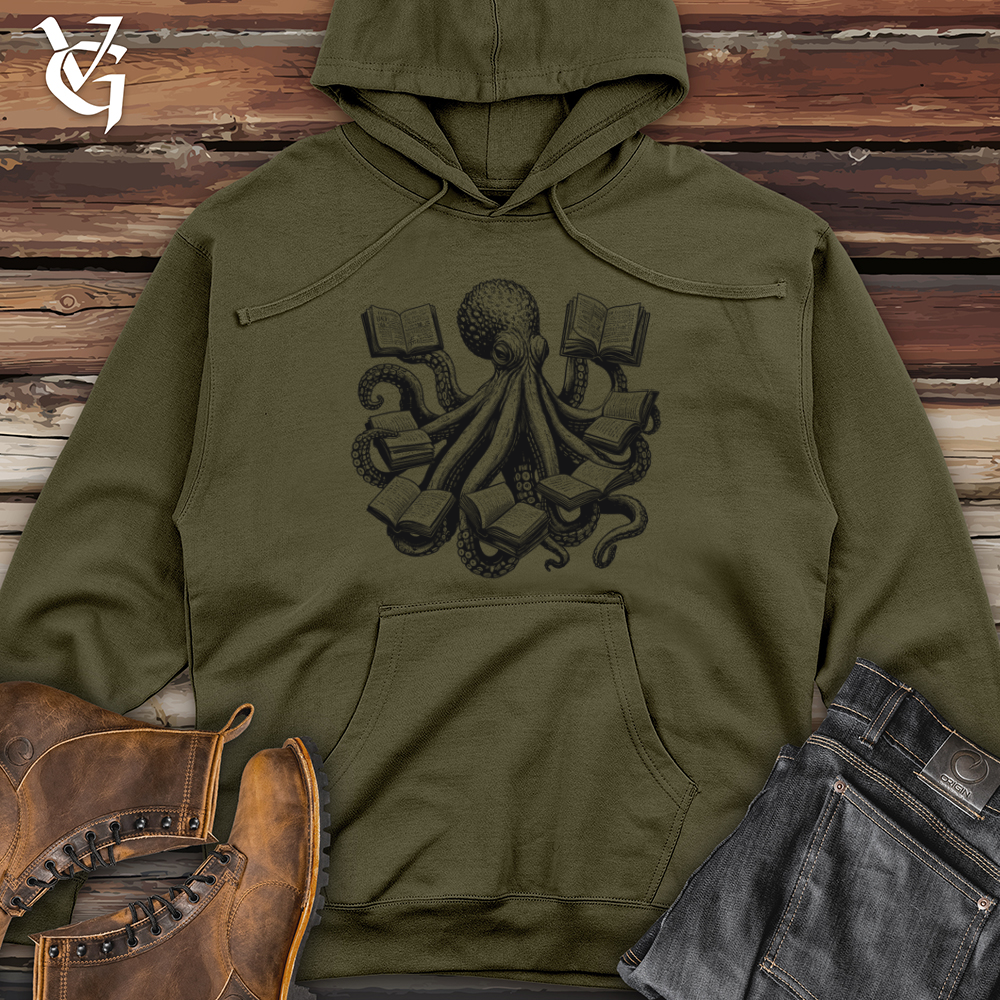 Viking Goods Octopus Reading Multiple Books Midweight Hooded Sweatshirt