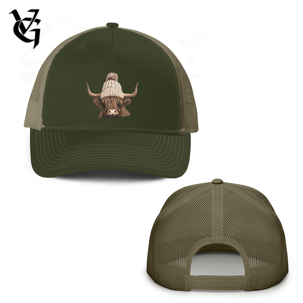 Viking Goods Highland Cattle Cozy Trucker Hat Olive Drab Green/ Tan