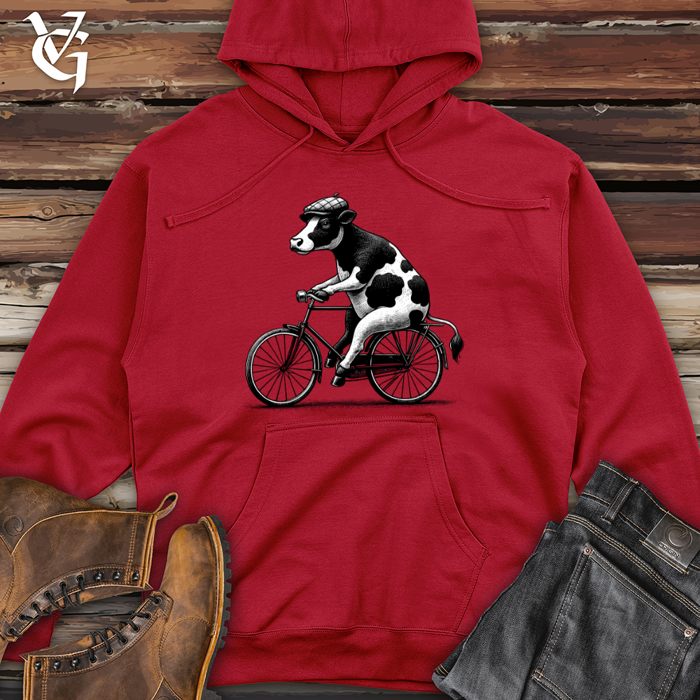 Viking Goods Cow Riding a Bike Midweight Hooded Sweatshirt Red / L