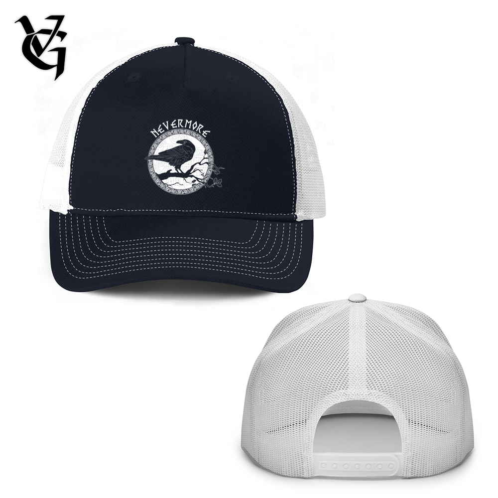 Viking Goods Nevermore White Winter Raven Trucker Hat Rich Navy/ White