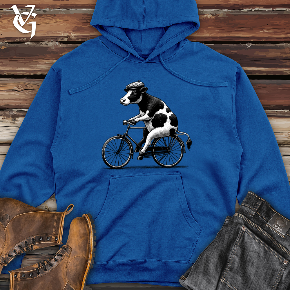 Viking Goods Cow Riding a Bike Midweight Hooded Sweatshirt Royal / L