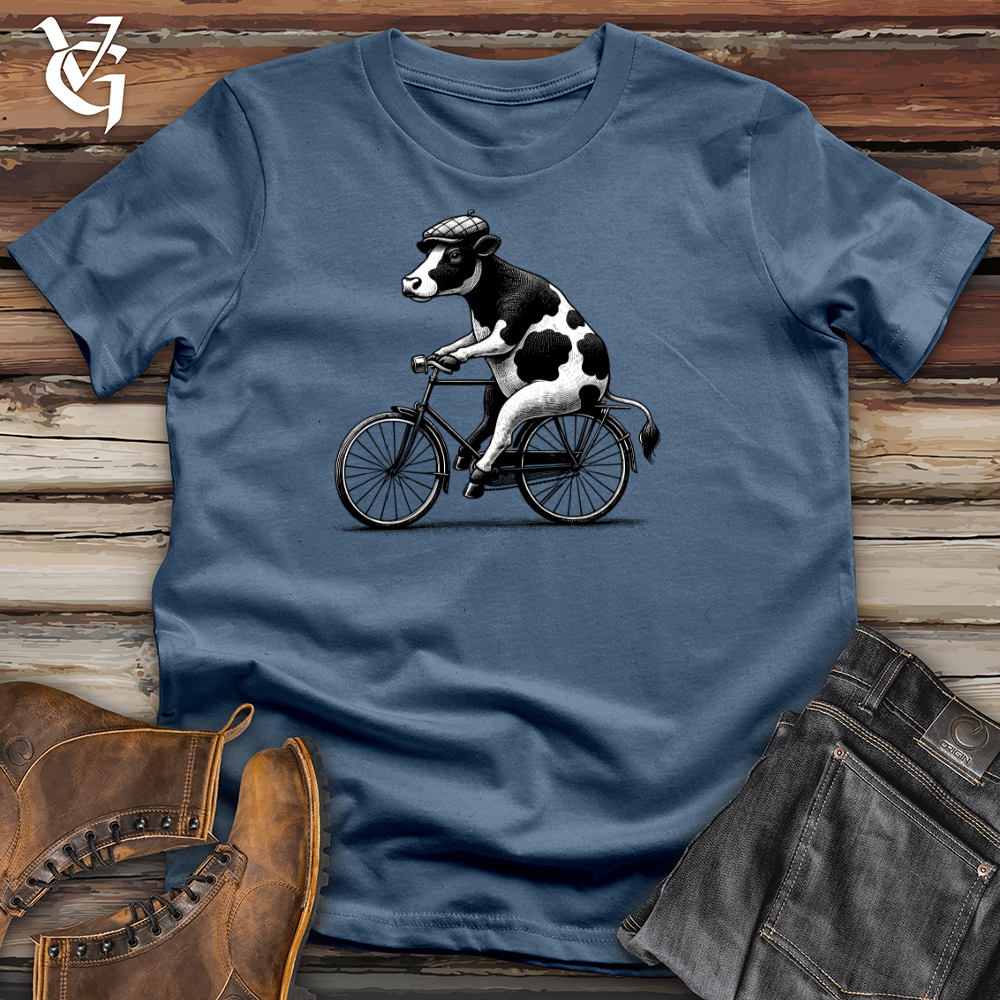 Viking Goods Cow Riding a Bike Cotton Tee Steel Blue / L