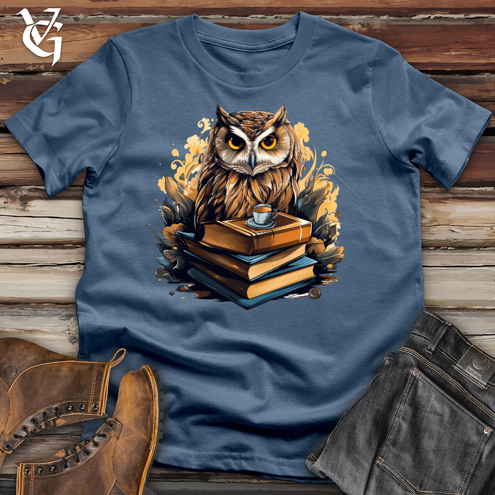 Viking Goods Curious Owl Book Reader Cotton Tee Steel Blue / L
