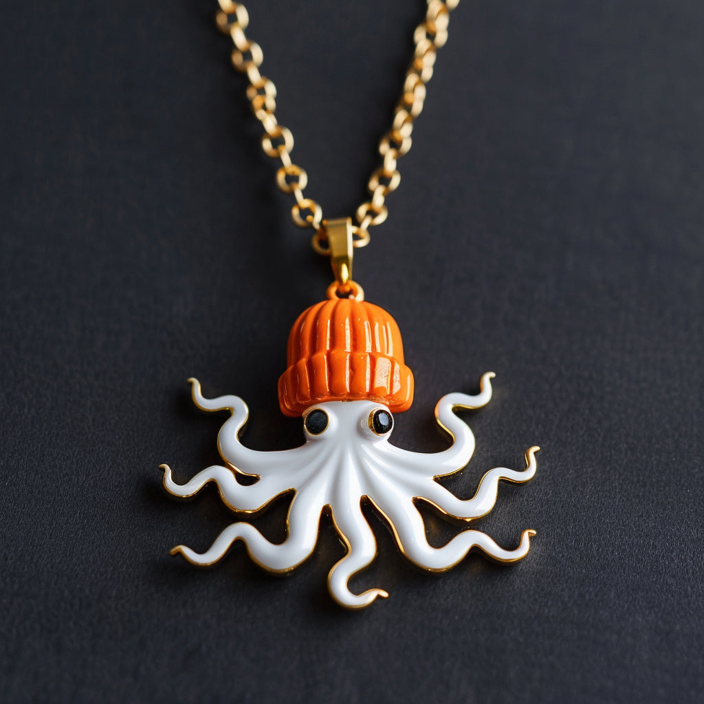 Orange Octopus Beanie Gold Necklace