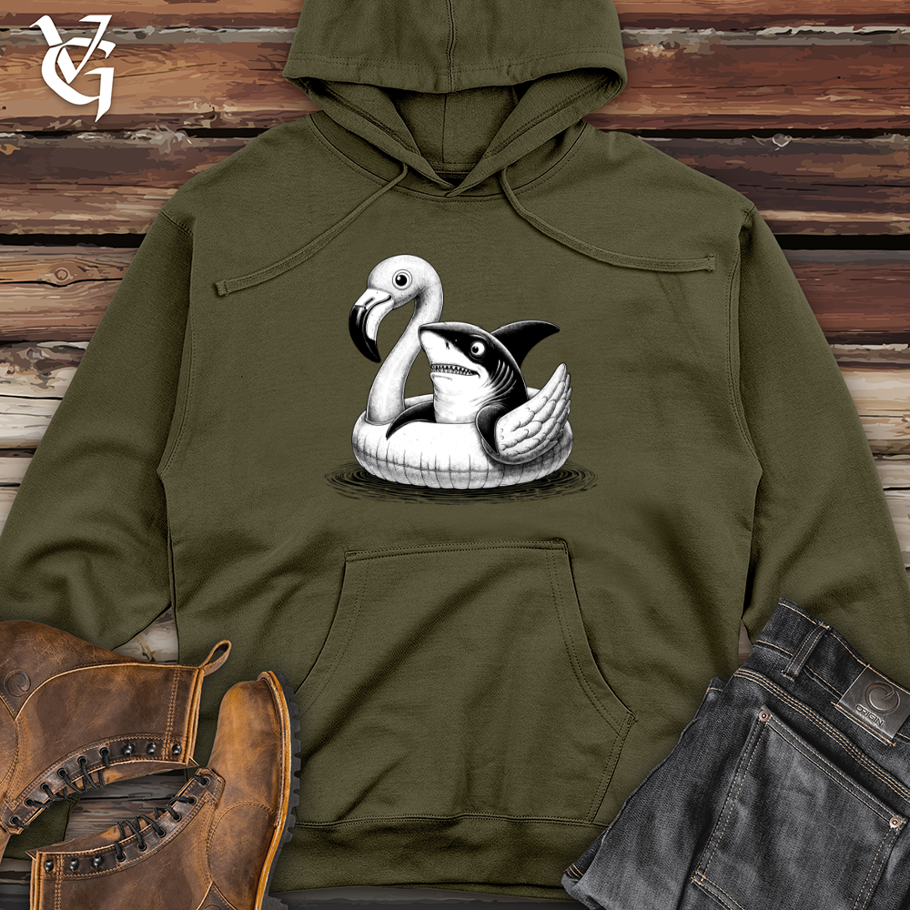 A Shark laying on top of a Flamingo Midweight Hooded Sweatshirt