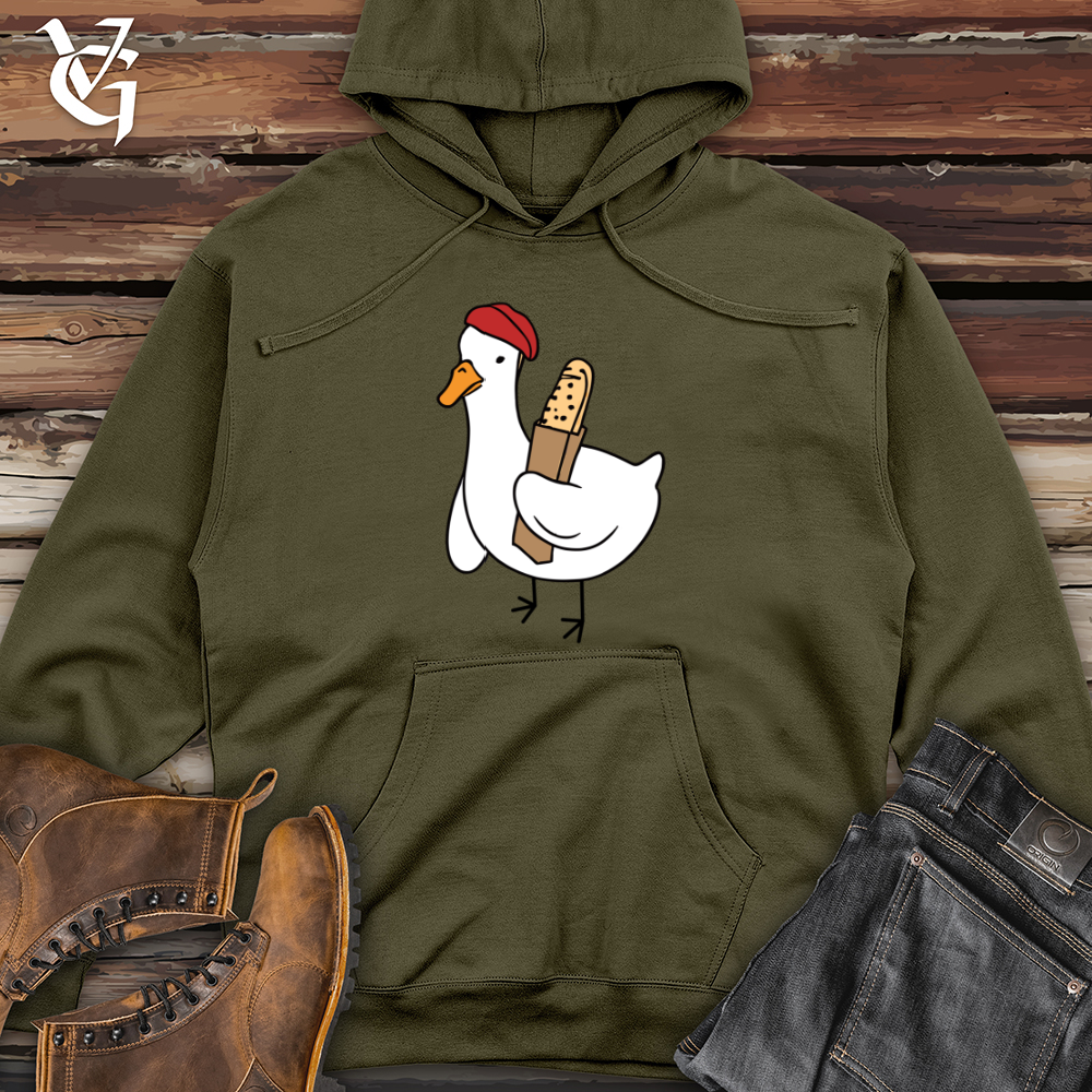 A Red Hat Wearing Duck Holding a Baguette Midweight Hooded Sweatshirt