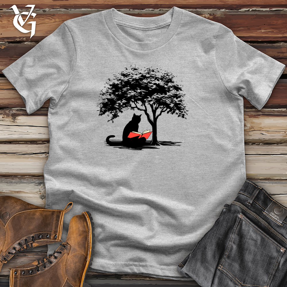 Retro Tree Reading Black Cat Cotton Tee