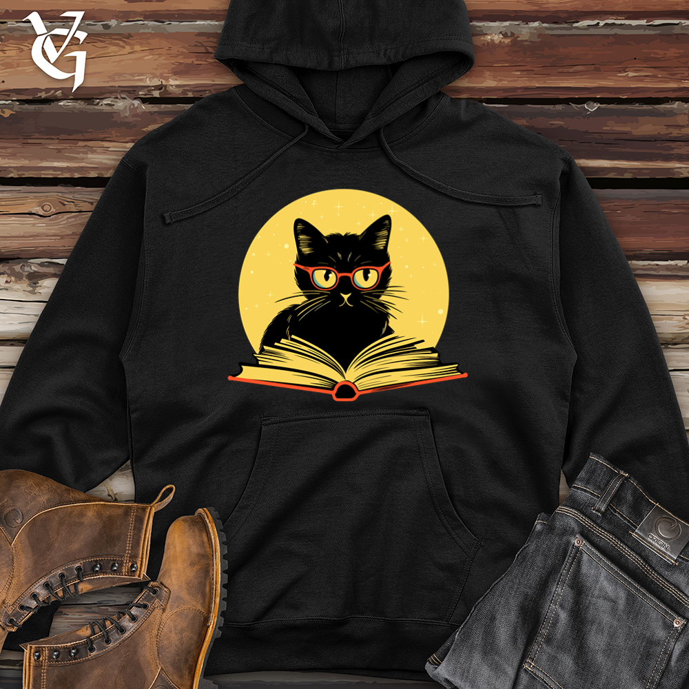 Retro Bookish Black Cat Midweight Hooded Sweatshirt