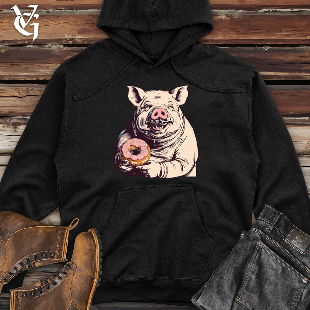 Retro Donut Devouring Pig Midweight Hooded Sweatshirt