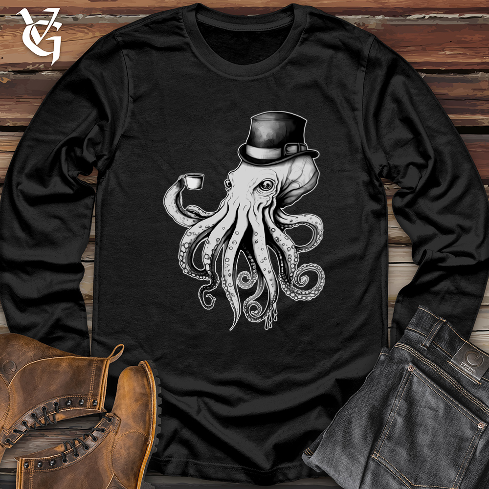 Octopus Wearing Hat Drinking Coffee Softstyle Long Sleeve