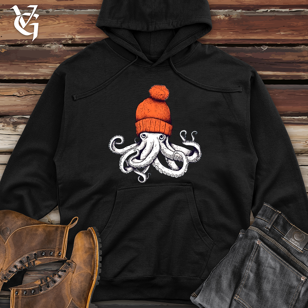 Octopus Orange Beanie Midweight Hooded Sweatshirt