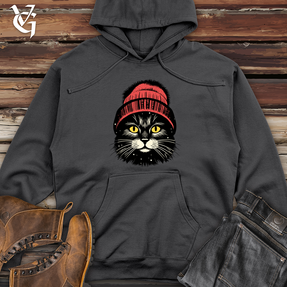 Retro Pom Pom Black Cat Midweight Hooded Sweatshirt