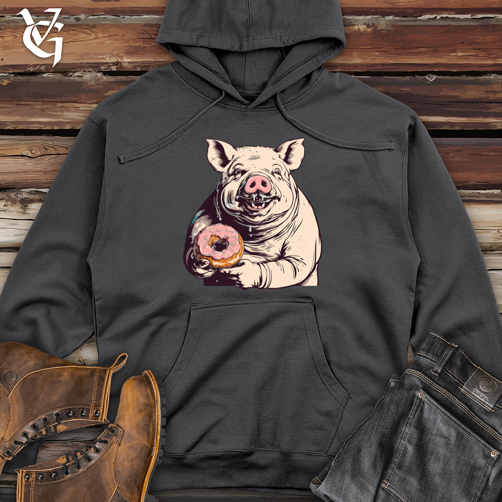 Retro Donut Devouring Pig Midweight Hooded Sweatshirt