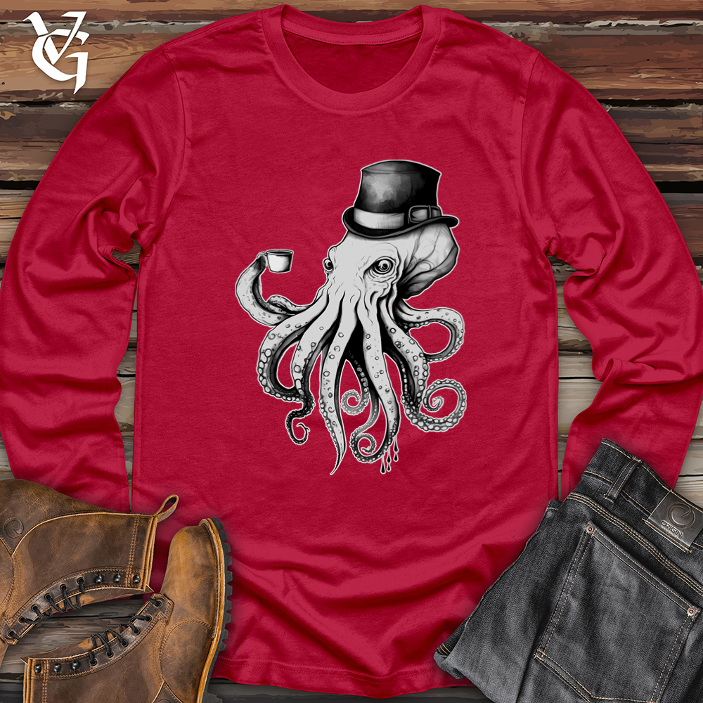 Octopus Wearing Hat Drinking Coffee Softstyle Long Sleeve