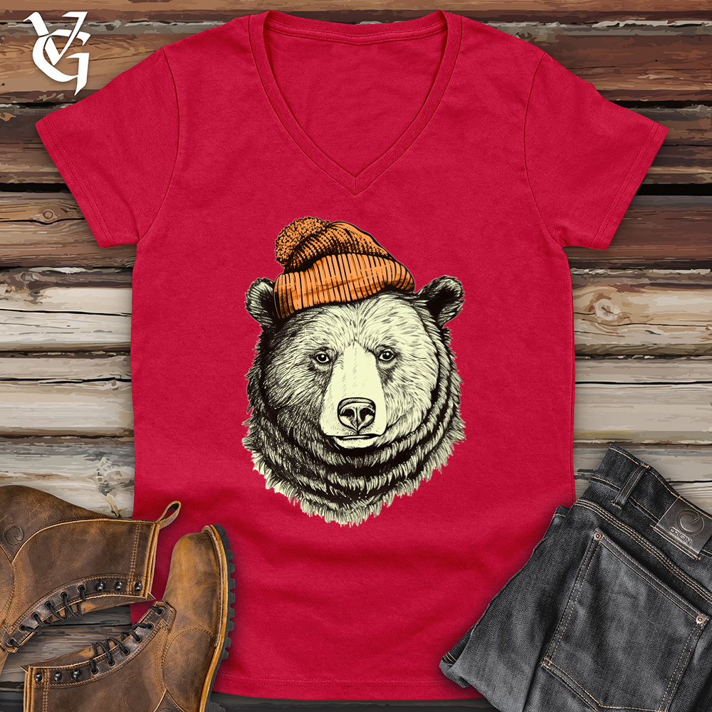 Bear Wearing Hunters Beanie Softstyle V-Neck