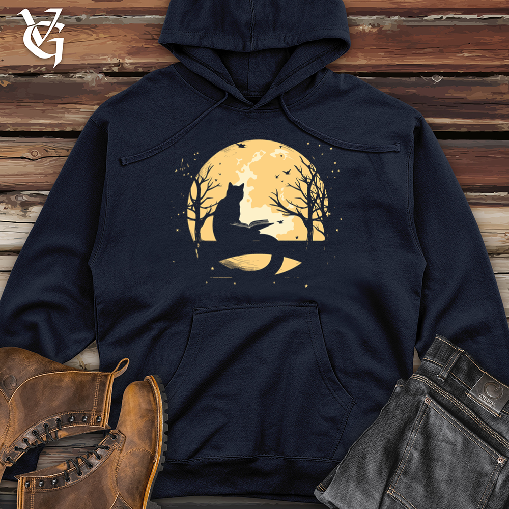 Vintage Moonlit Reading Cat Midweight Hooded Sweatshirt