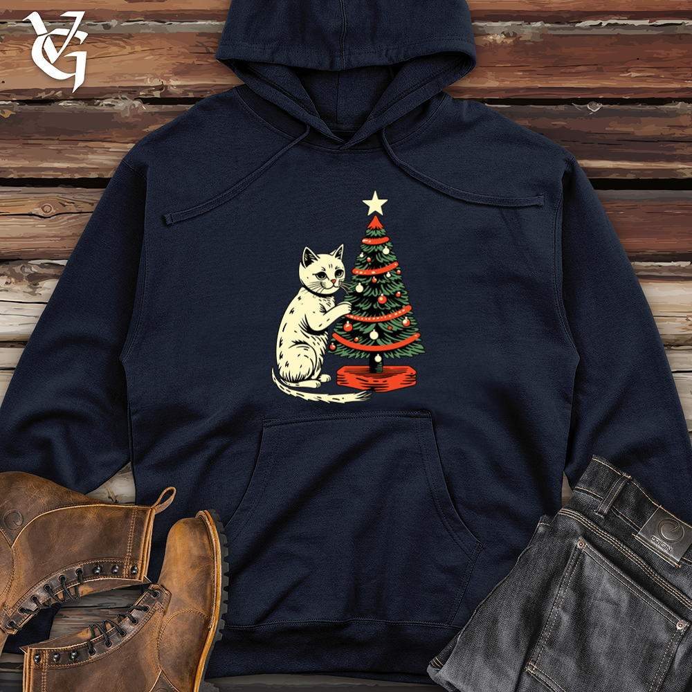 Retro Tree Trimming Cat Midweight Hooded Sweatshirt