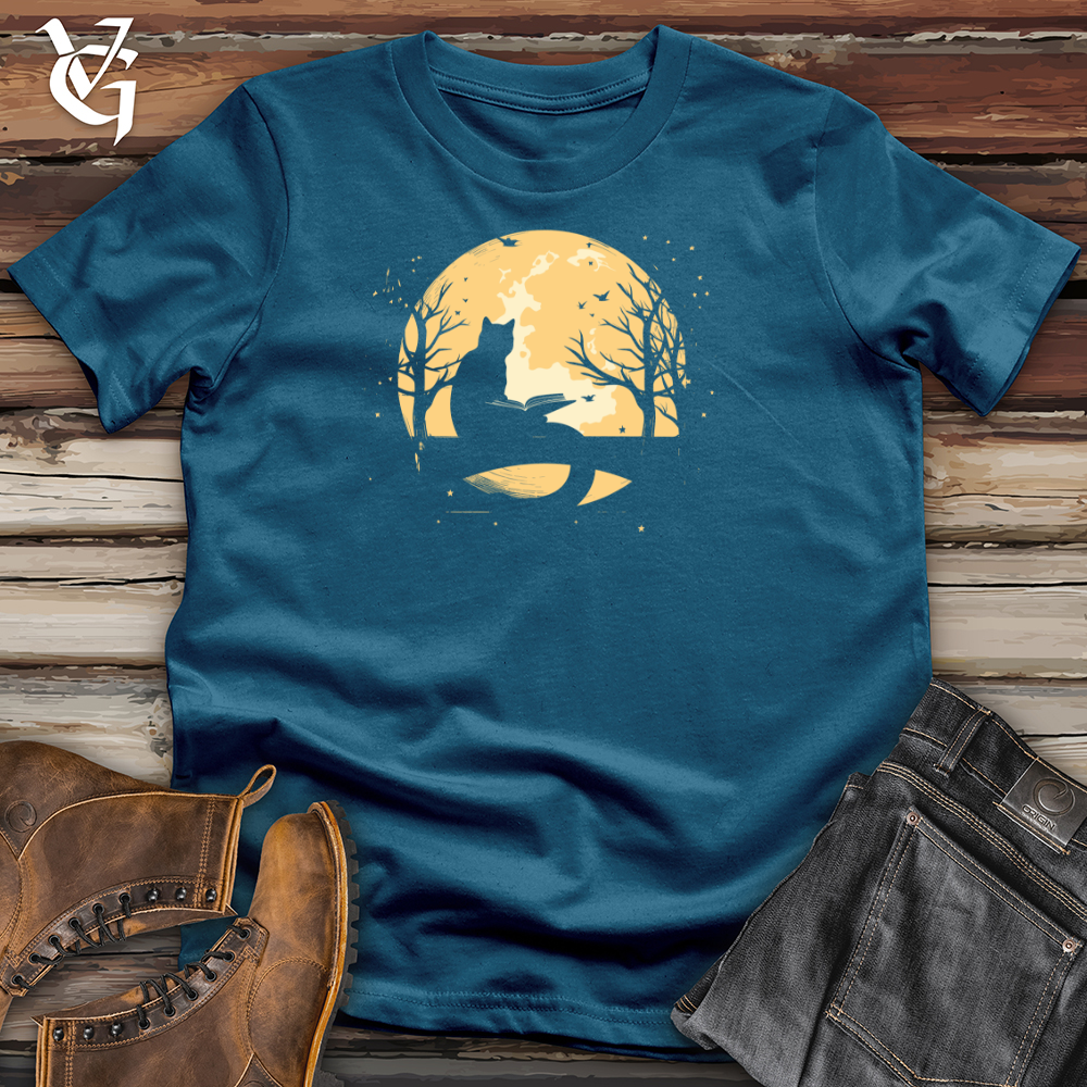 Vintage Moonlit Reading Cat Cotton Tee