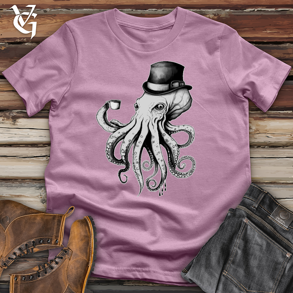 Octopus Wearing Hat Drinking Coffee Cotton Tee