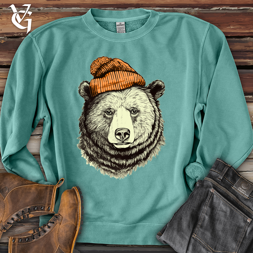 Bear Wearing Hunters Beanie Pigment-Dyed Crewneck