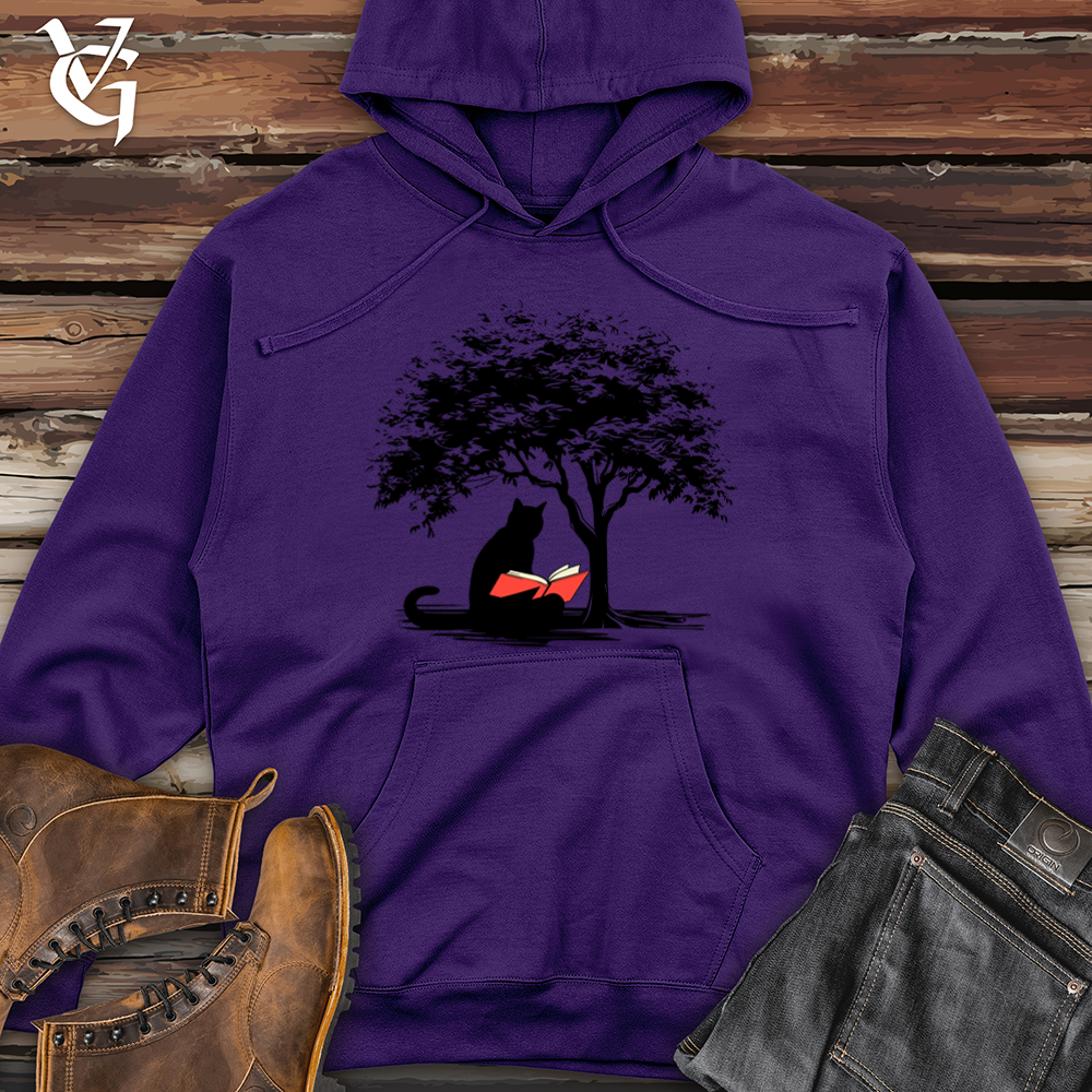 Retro Tree Reading Black Cat Midweight Hooded Sweatshirt