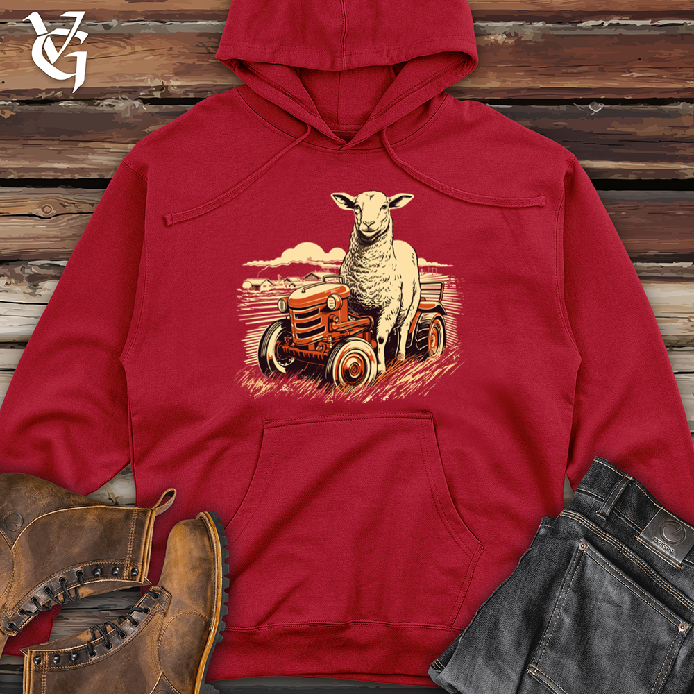 Retro Tractor Riding Sheep Midweight Hooded Sweatshirt