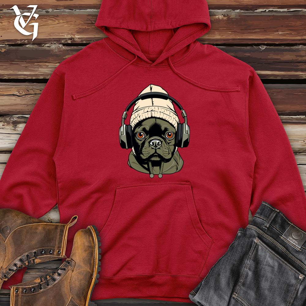 Retro Beanie Headphones Frenchie Midweight Hooded Sweatshirt