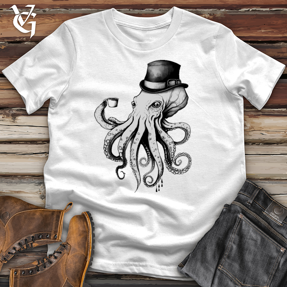 Octopus Wearing Hat Drinking Coffee Cotton Tee