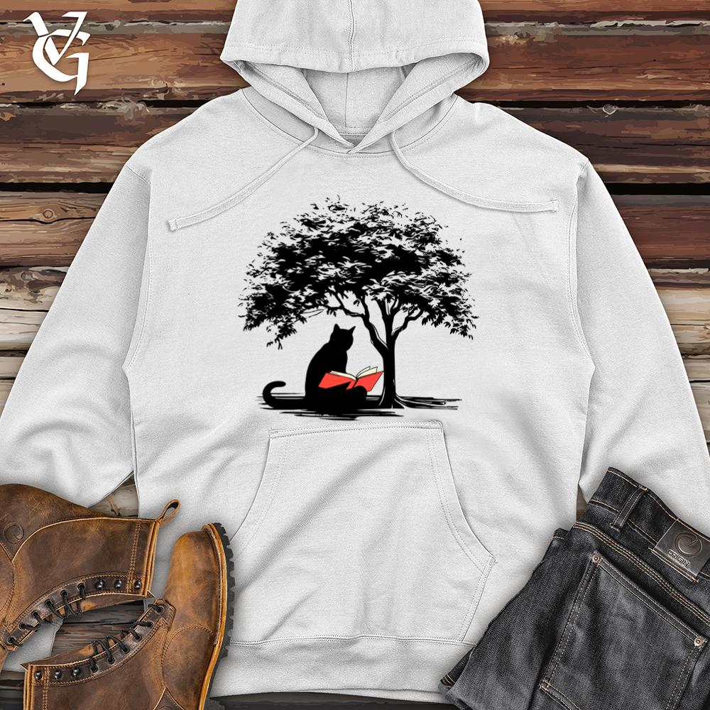 Retro Tree Reading Black Cat Midweight Hooded Sweatshirt