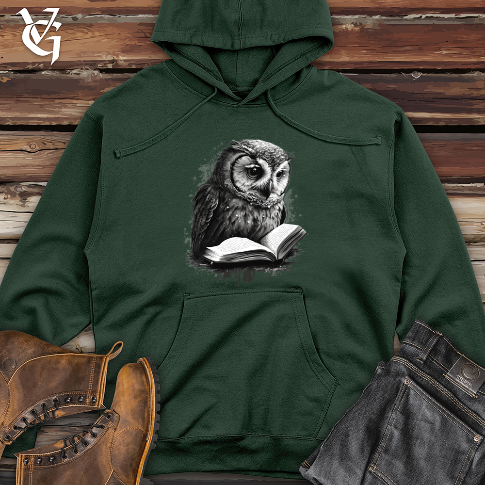 Viking Goods Owl Reading Book Midweight Hooded Sweatshirt Alpine Green / L