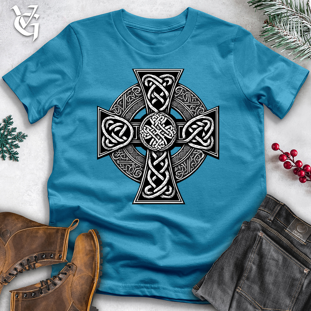 Viking Goods Ornate Celtic Cross Cotton Tee Aqua / L