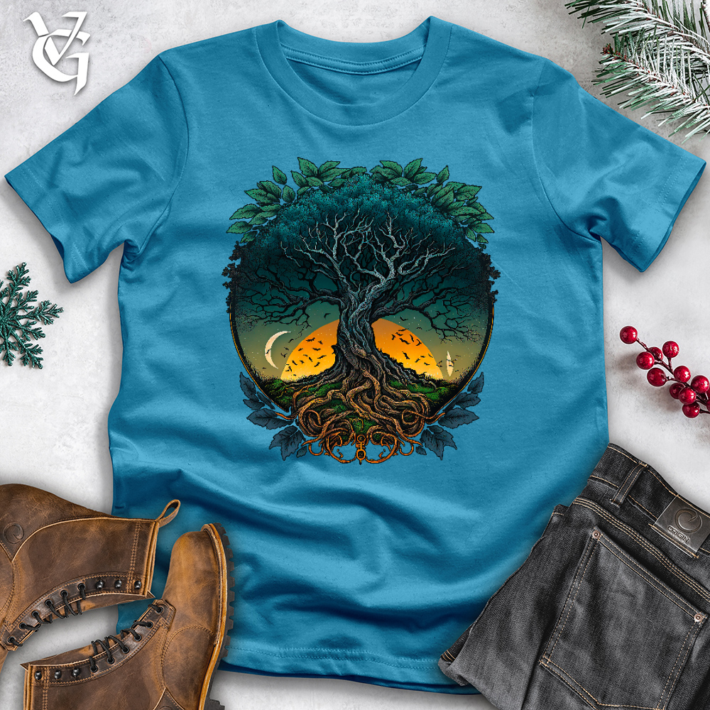 Viking Goods Sunset Yggdrasil Tree Cotton Tee Aqua / L