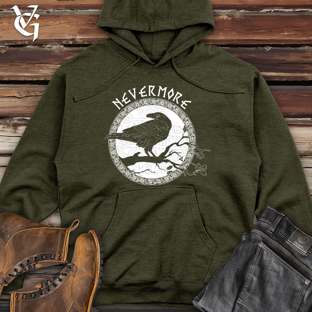 Viking Goods Nevermore White Winter Raven Midweight Hooded Sweatshirt Army Heather / L