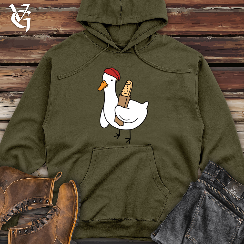 Viking Goods A Red Hat Wearing Duck Holding a Baguette Midweight Hooded Sweatshirt Classic Navy / L