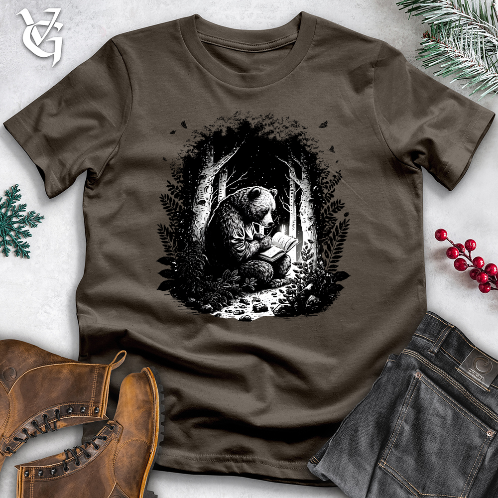 Viking Goods Bear Reading Book in Forest Cotton Tee Army / L