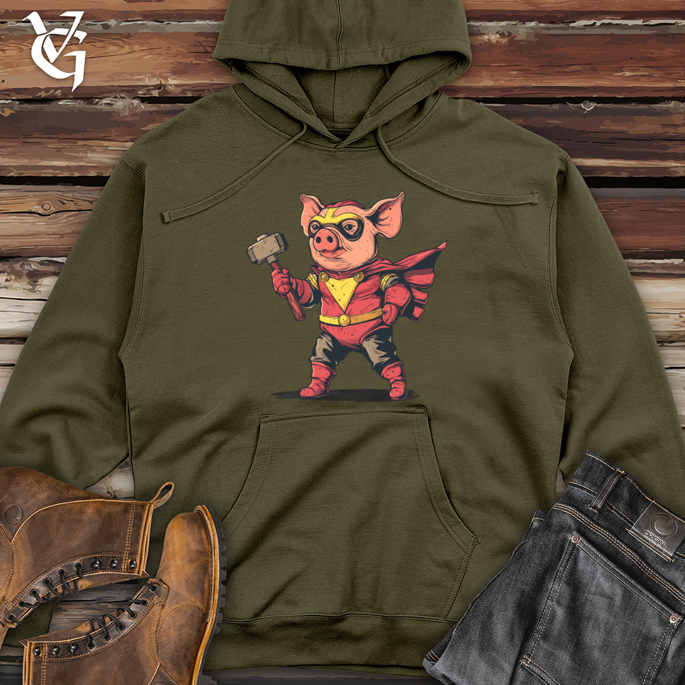 Viking Goods Pig Superhero Hammer Midweight Hooded Sweatshirt Army / L