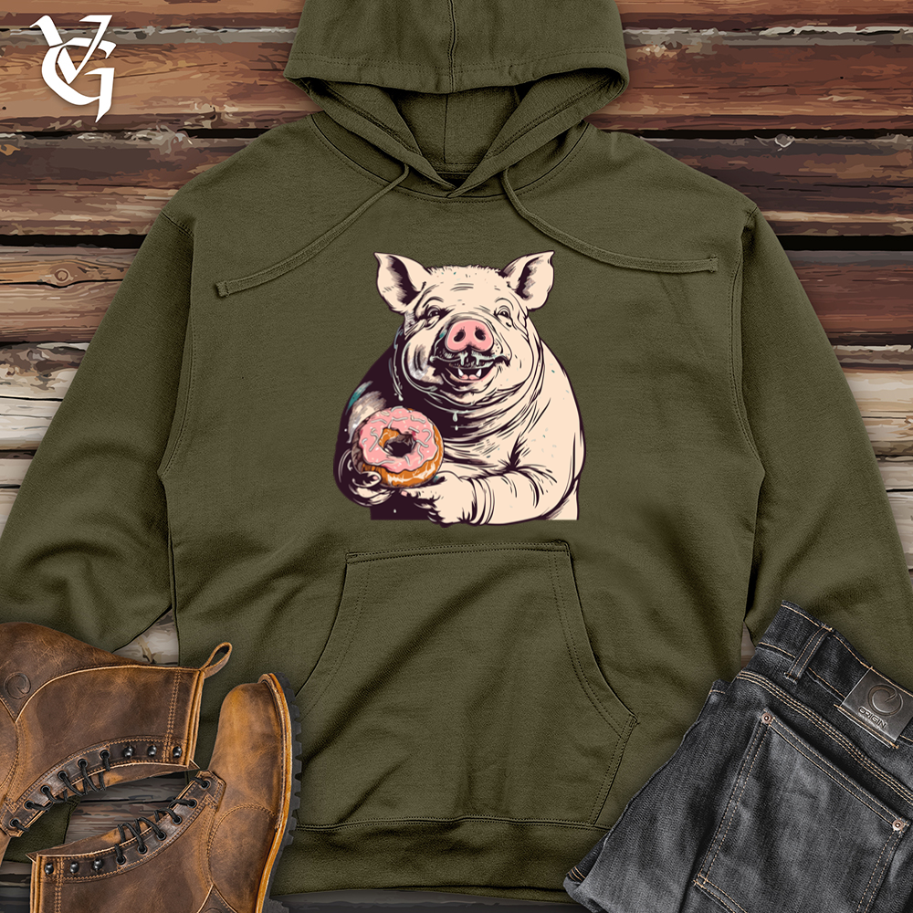 Viking Goods Retro Donut Devouring Pig Midweight Hooded Sweatshirt Army / L