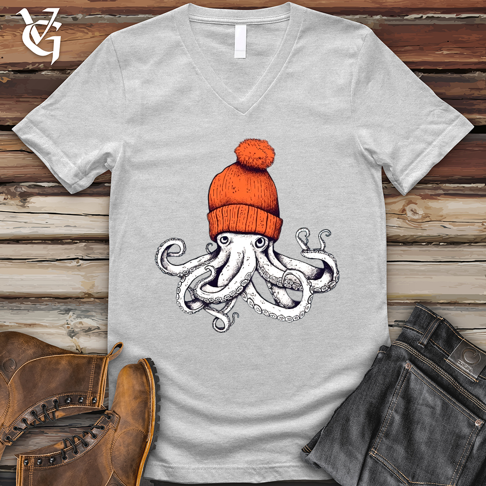 Viking Goods Octopus Orange Beanie V-Neck Tee Ash / L
