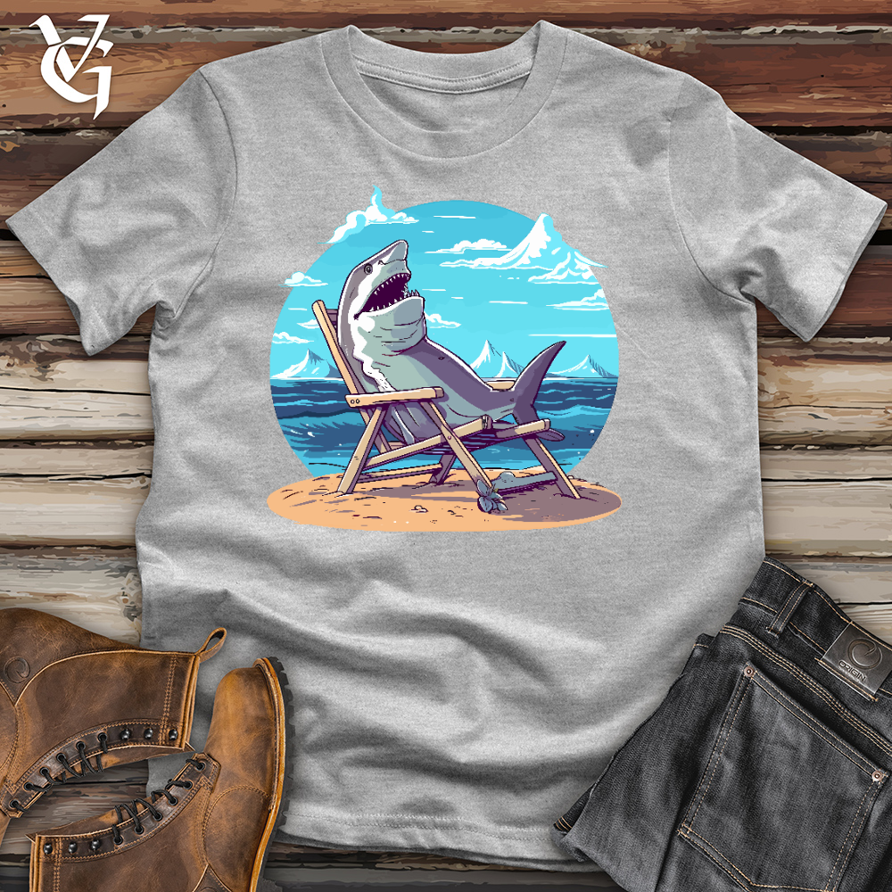 Viking Goods Shark Sitting in a Beach Chair in the Sand Cotton Tee Ash / L