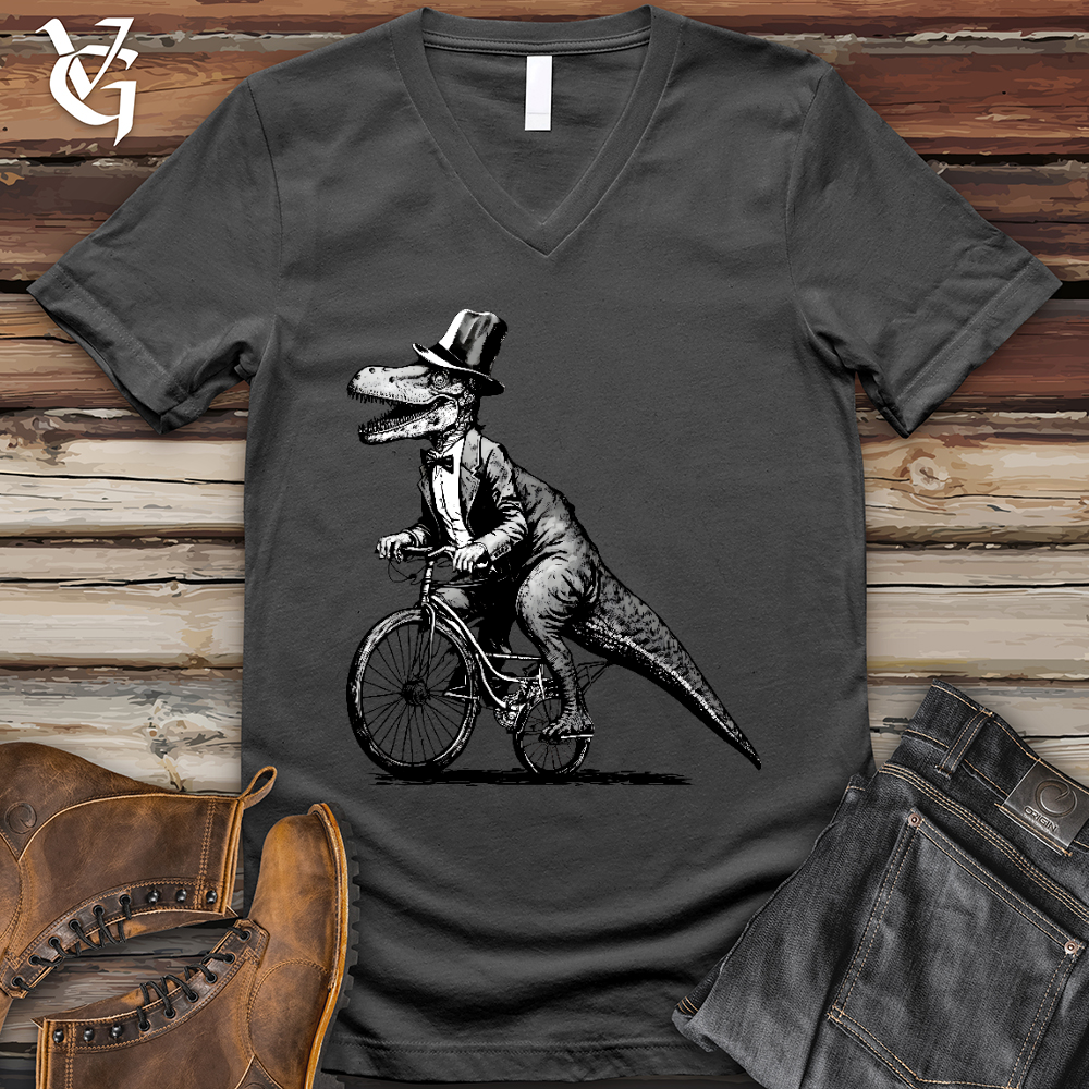 Viking Goods Dinosaur Riding a Bike V-Neck Tee Asphalt / L