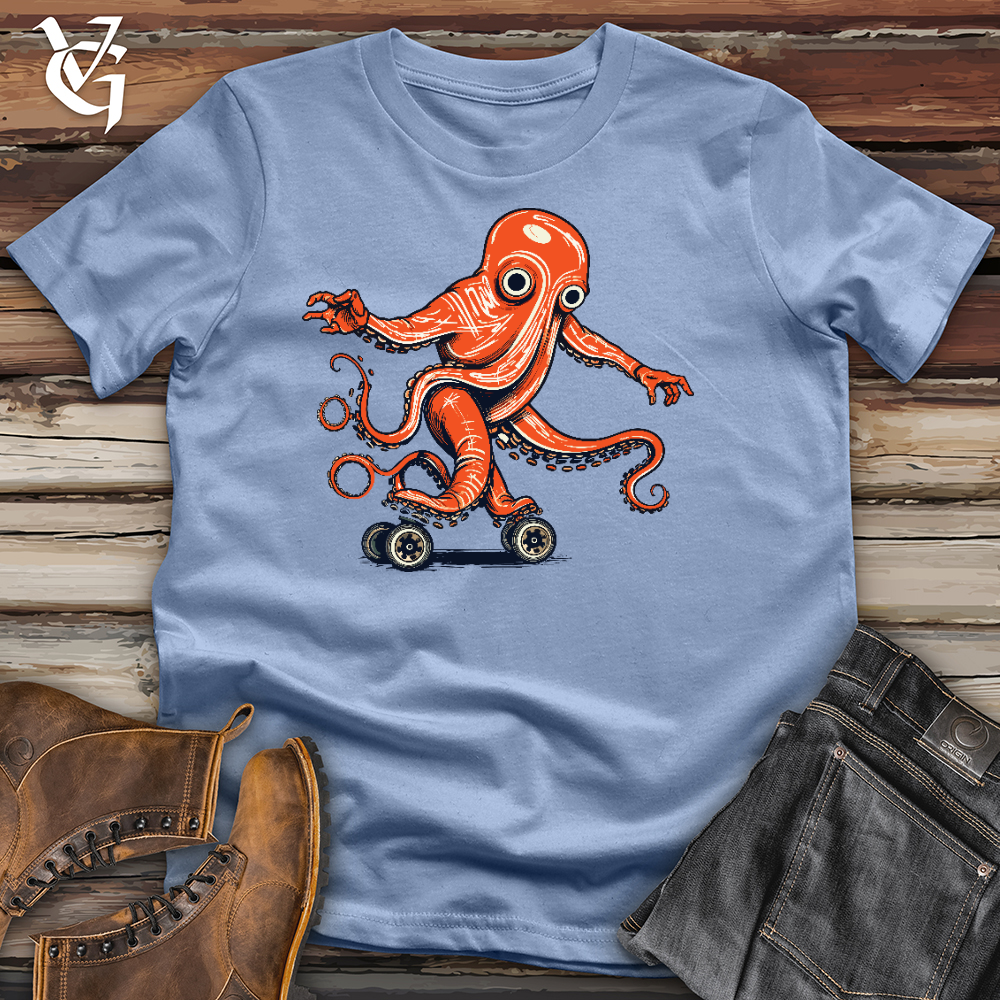Viking Goods Octopus Riding On Roller Skate Cotton Tee Baby Blue / L