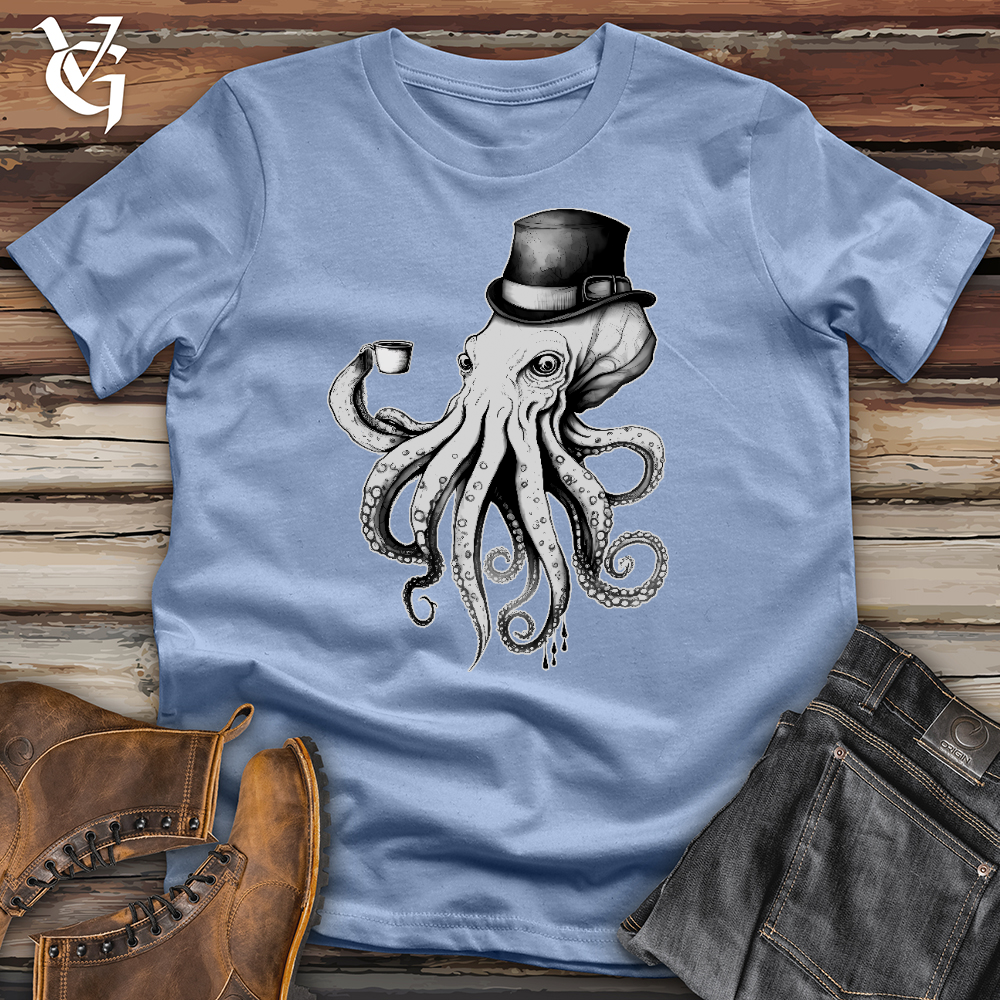 Viking Goods Octopus Wearing Hat Drinking Coffee Cotton Tee Baby Blue / L