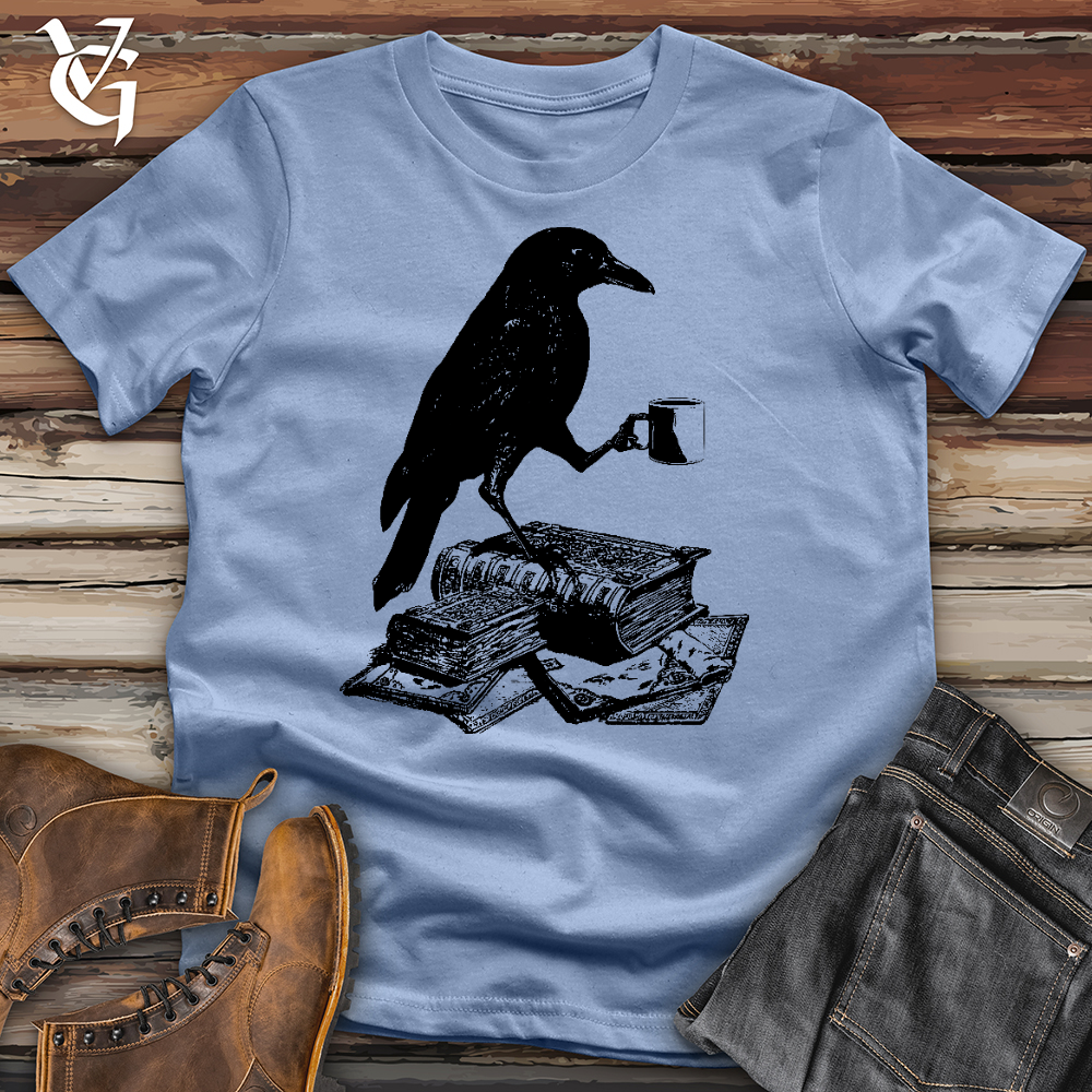 Viking Goods Reading Raven Holding Coffee Tee Baby Blue / L