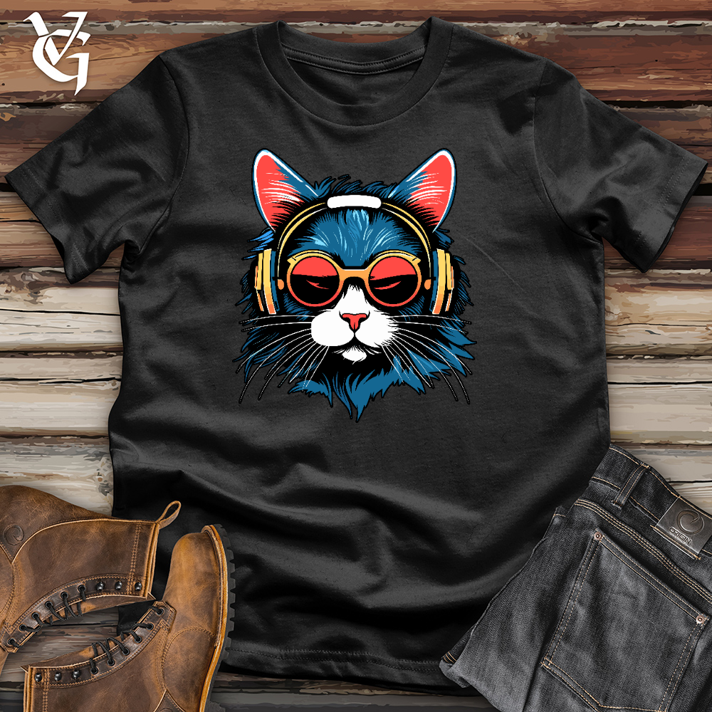 Viking Goods A Cat Wearing Sunglasses and Headphone Cotton Tee Black / L