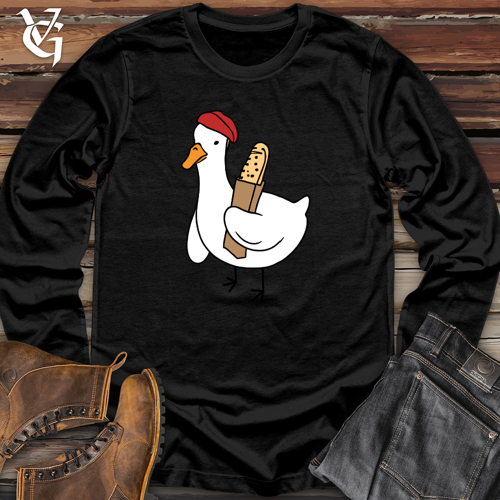 Viking Goods A Red Hat Wearing Duck Holding a Baguette Long Sleeve Military Green / L