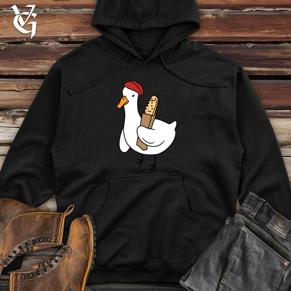 Viking Goods A Red Hat Wearing Duck Holding a Baguette Midweight Hooded Sweatshirt Black / L